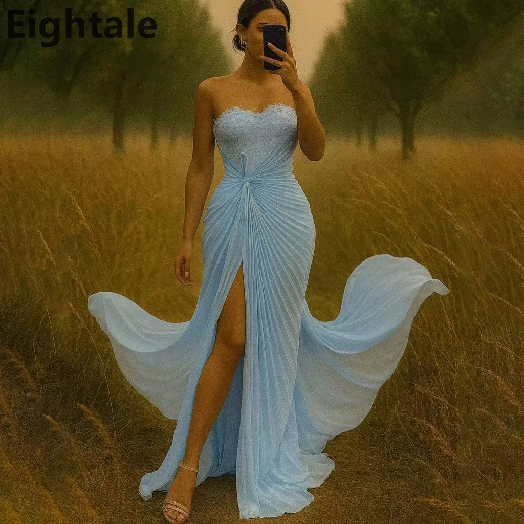 

Customized Light Blue Chiffon Evening Dresses For Wedding Party Sweetheart Slit A Line Formal Prom Dress Dubai Party Gown