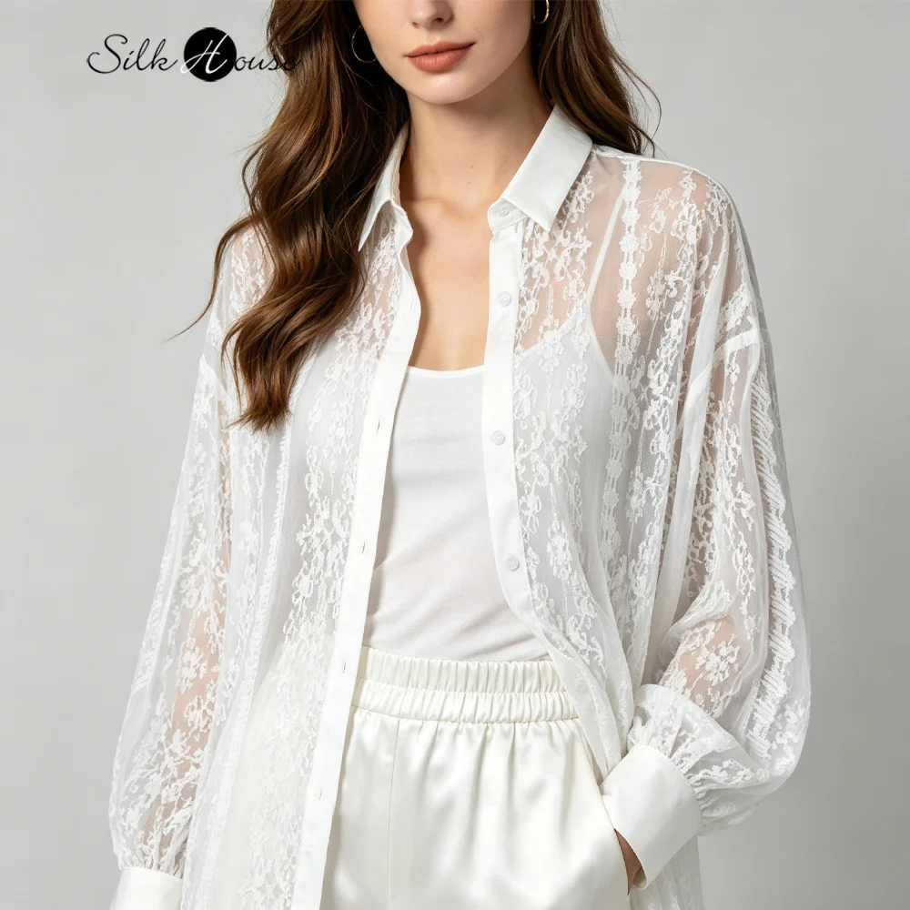 Artistic Vertical Embroidery White Semi Transparent Sunscreen Square Collar Long Sleeved Women's Natural Mulberry Silk Cardigan