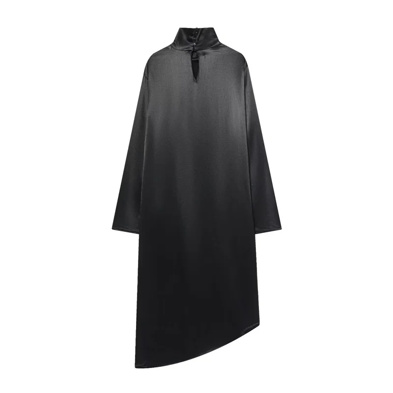 Women's Satin Dress 2025 New Fashion Long Sleeve Long Asymmetrical Shirt Dress Personality Casual Chic Ladies Dress