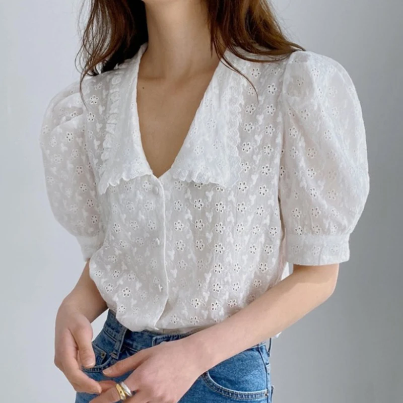 2024 Summer Women Hollow Flower Lace Blouse Korean Chic Puff Short Sleeve Shirt Peter Pan Collar Solid Loose Tops Clothing 13919