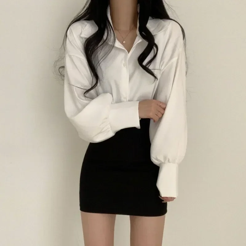 

Women Lantern Sleeve Tops Blouses Summer Office Elegant Button Casual Shirts Korean Women Turn-down Collar Loose Blouse Y2k 블라우스