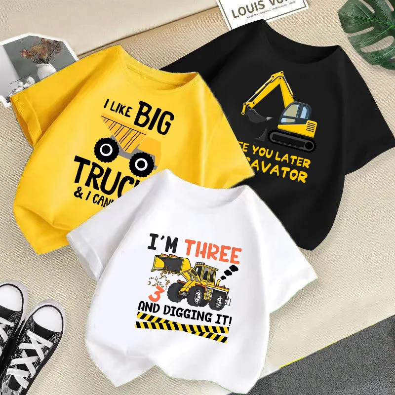 2024 Children Cute Excavator T-Shirt Combination Cartoons Bulldozer Tee Shirts Kawaii Kid Casual Clothes Girl Boy Harajuku Tops