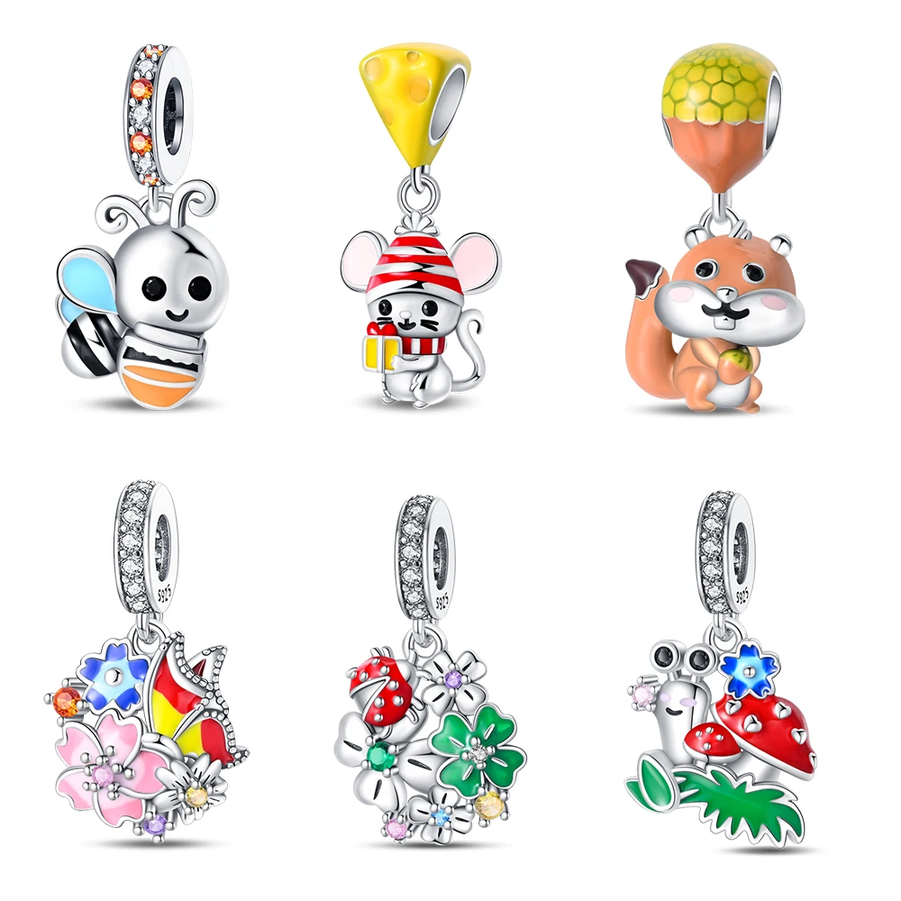Cute Animal Pendant 925 Sterling Silver Small Snail & Fox & Bees Dangle Charm Fits Pandora Bracelet Children's Jewelry Beads