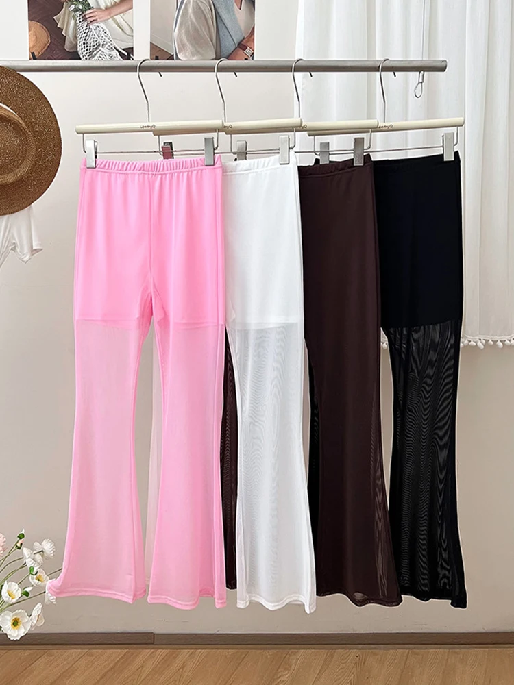 Transparent Mesh Micro Flared Pants Women's High Waisted Slim Fit Casual Pants Summer New Elastic Waist Wide Legs Trousers
