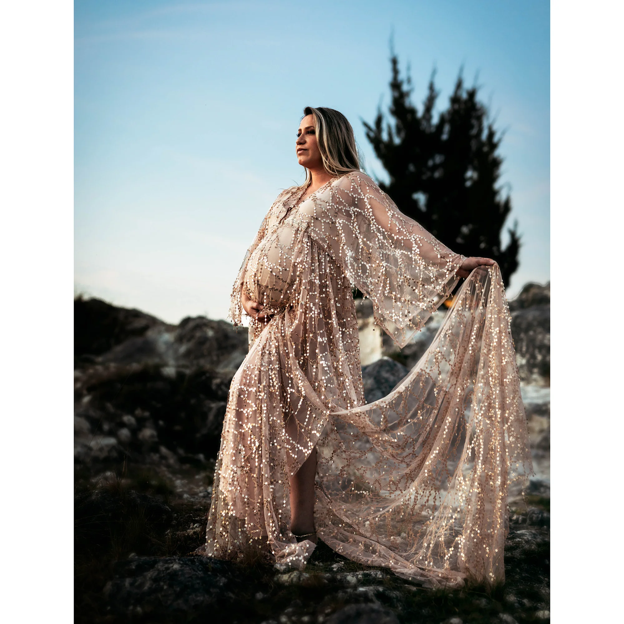 Don&Judy Sequin Bride Dress Sparkly Wedding Party Evening Dresses Large Size Photography Maternity Maxi Boho Pregnant Women Gown