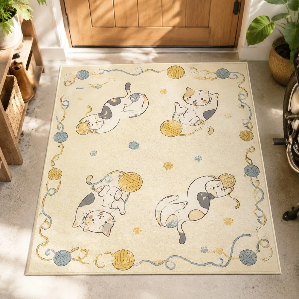 VIKAMA Carpet Rug Off White Cute Cat Yarn Ball Cozy Washable Balcony Front Door Window Seat Coffee Table Home Decoration