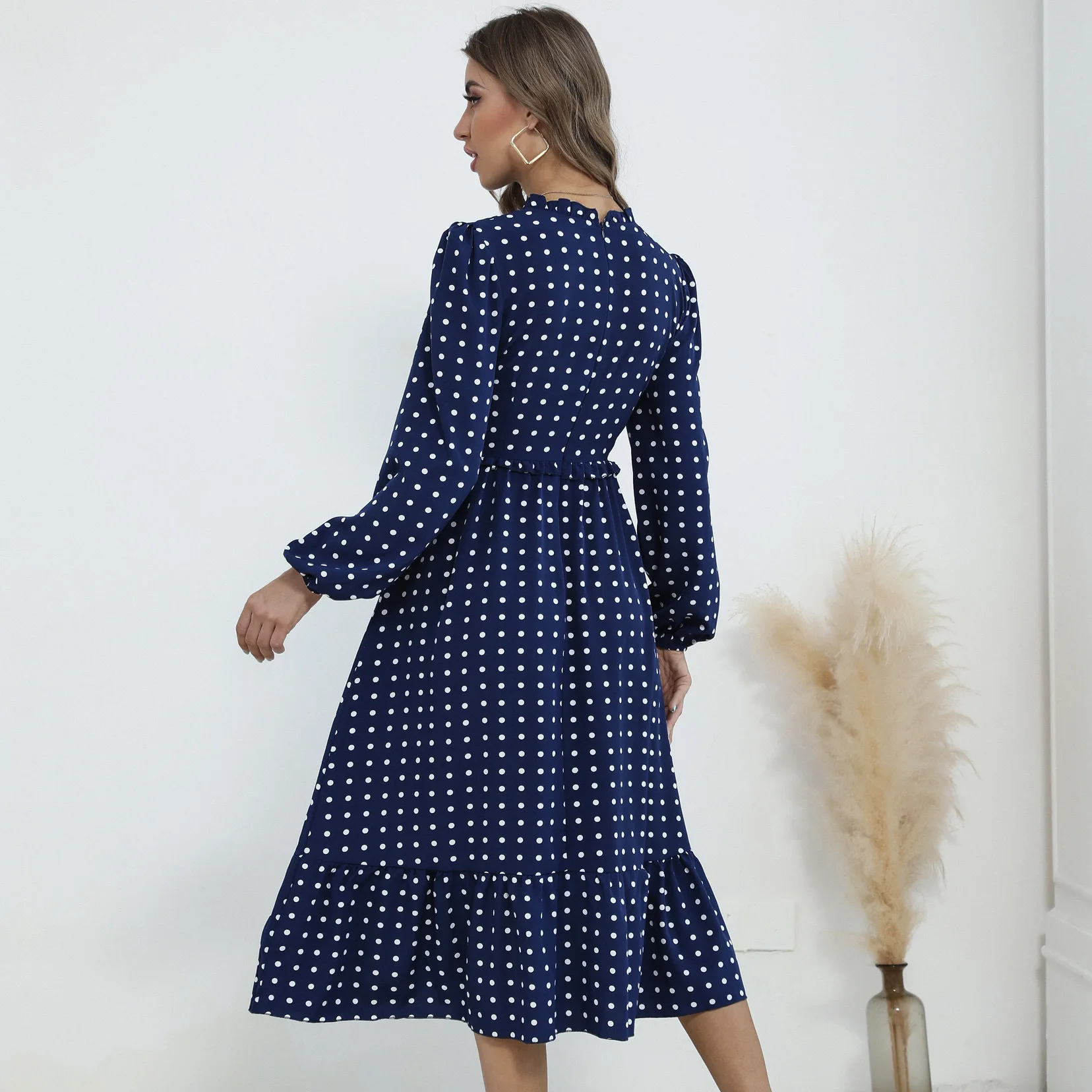   Herbst Commuter Sle Long Sve Polka Dot Dr Vintage A-Linie Rock Polyester Stoff Druck Reiten Reißverschluss