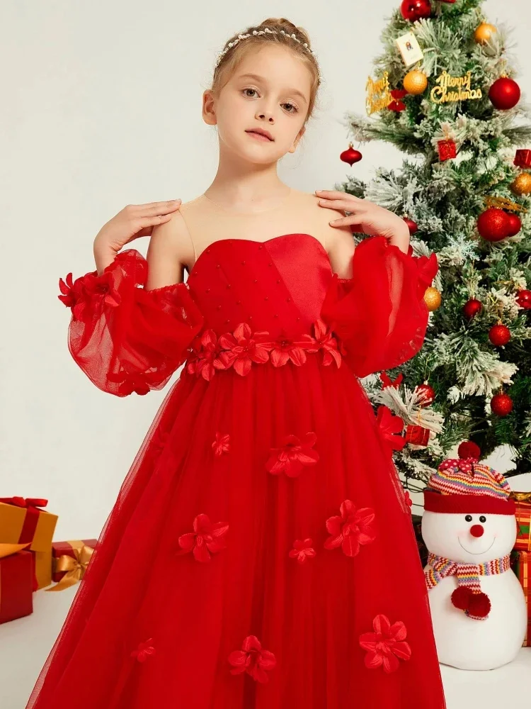 Princess Custom Flower Girl Dress for Wedding Tulle Flowers with Trailing Long Sleeve Kids Birthday Party Prom Banquet Gown