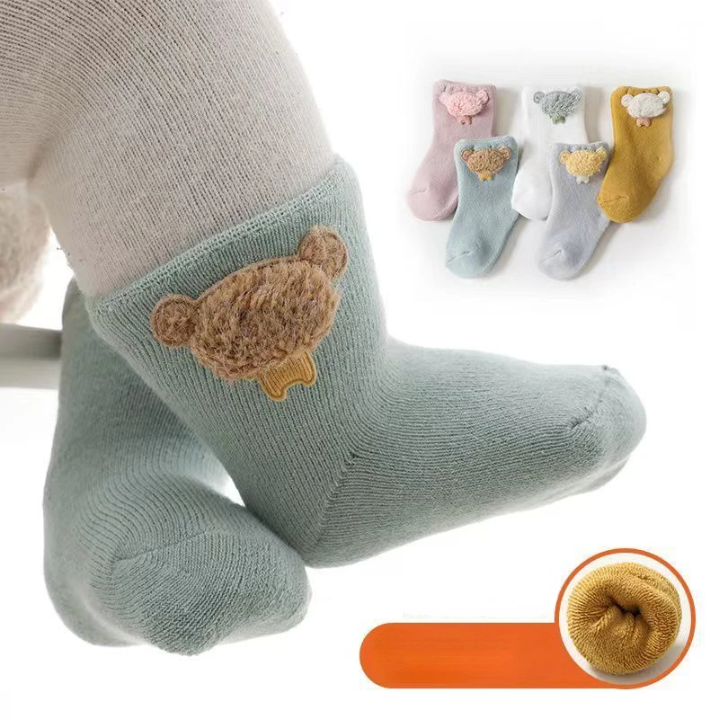 1Pair Winter Plush Baby Socks Cute Cartoon Bear Rabbit Newborn Short Sock Solid Color Thicken Warm Infant Terry Socks Sox