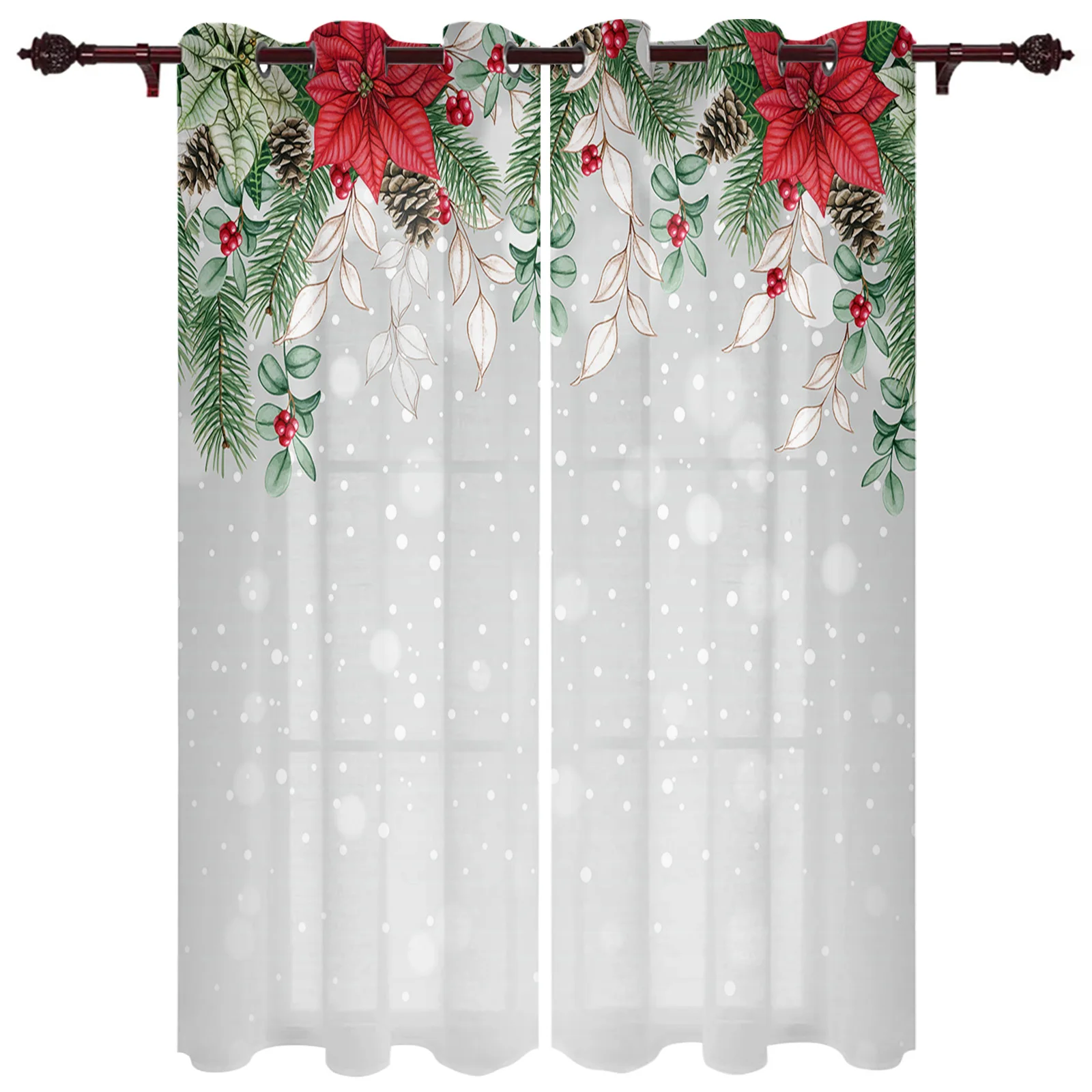 

Christmas Poinsettia Fir Tree Berries Window Curtains for Bedroom Luxury Kitchen Curtains Living Room Christmas Curtains