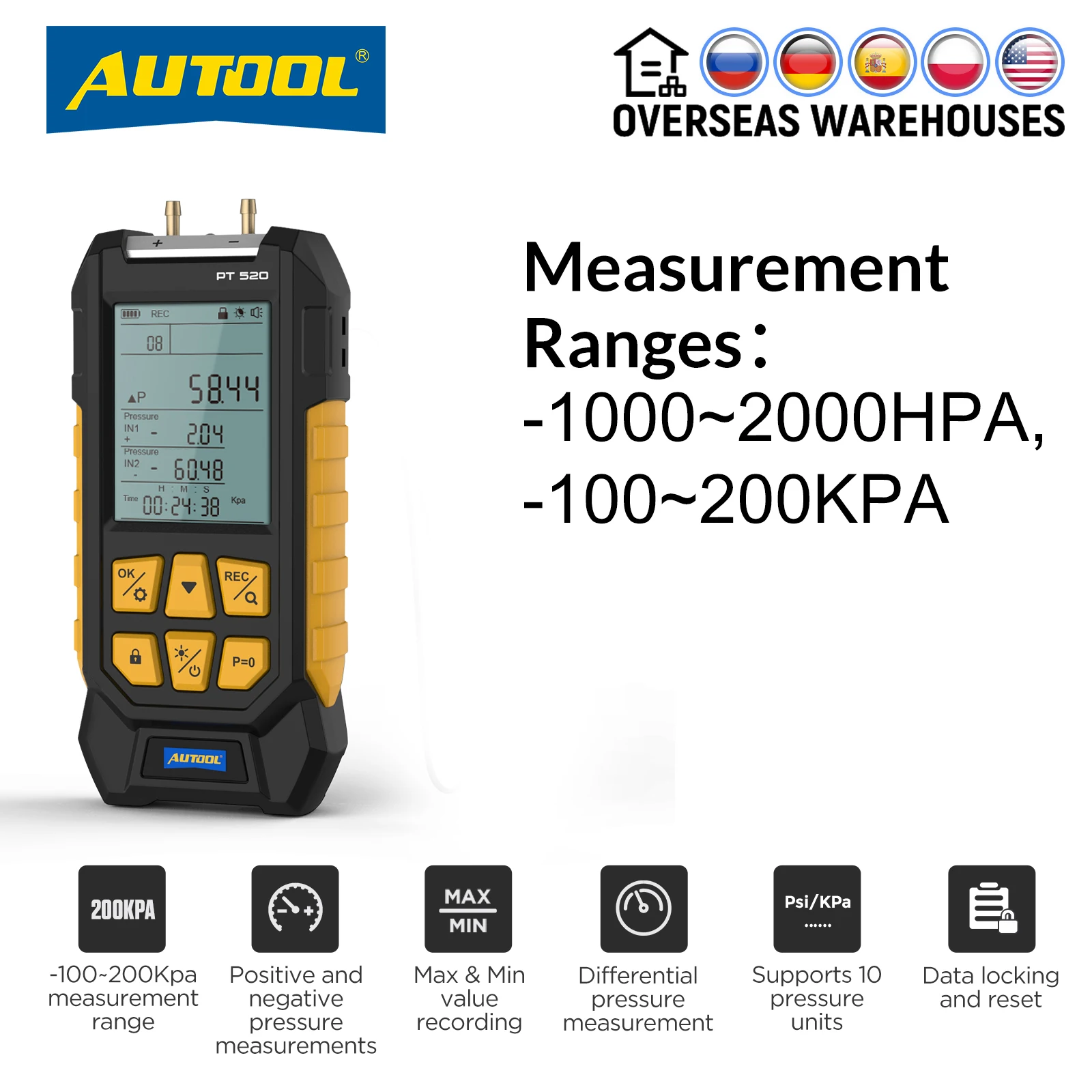 AUTOOL PT520 Handheld Digital Manometer Air Pressure Gauge Convenient Screen Displayair pressure Differential Gauge