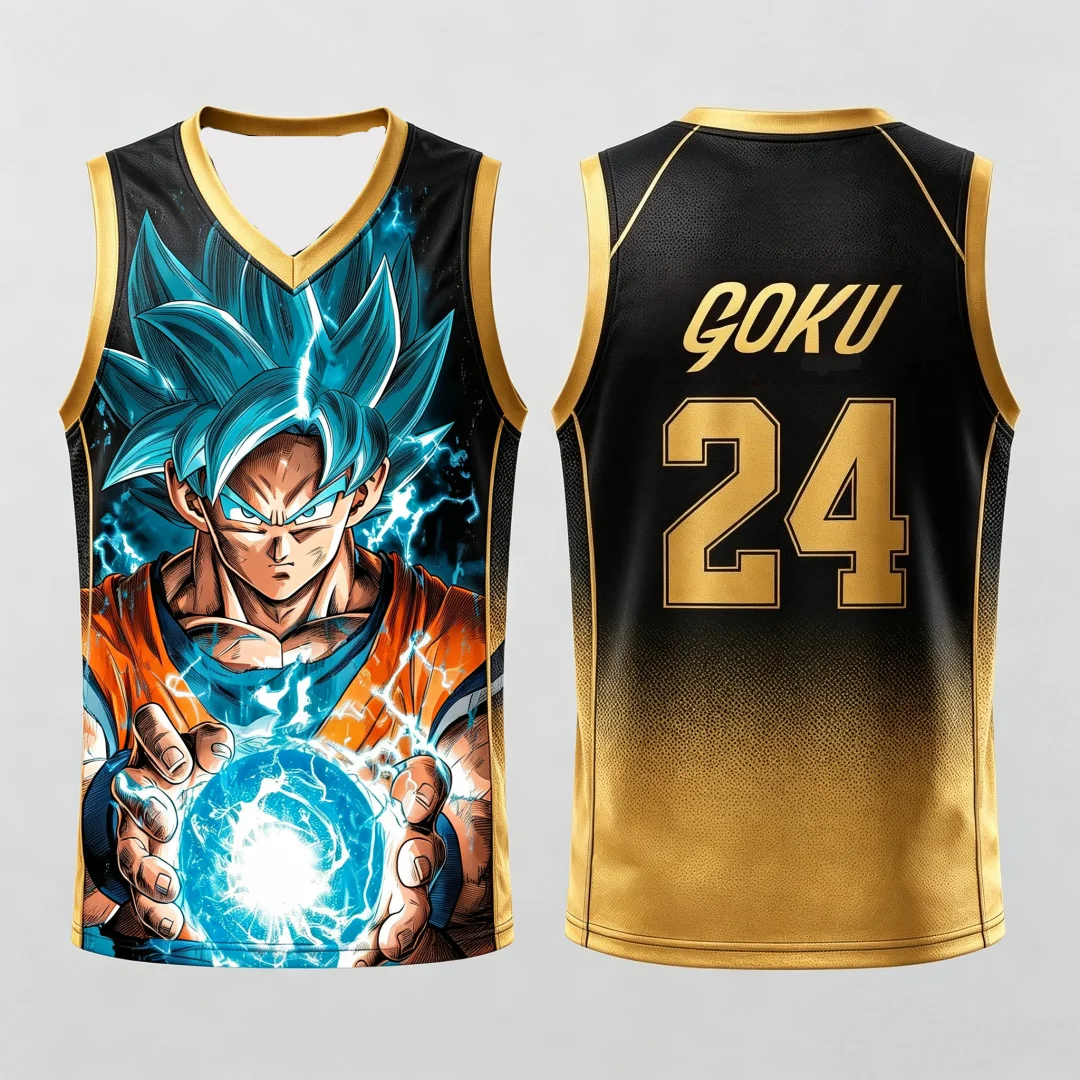 Dragon Ball Goku Super Saiyan Blue Basketball-Trikot für Herren, 3D-Druck, Sportweste, Anime-Streetwear-Tanktop, passende Familien-Outfits – Detail 9