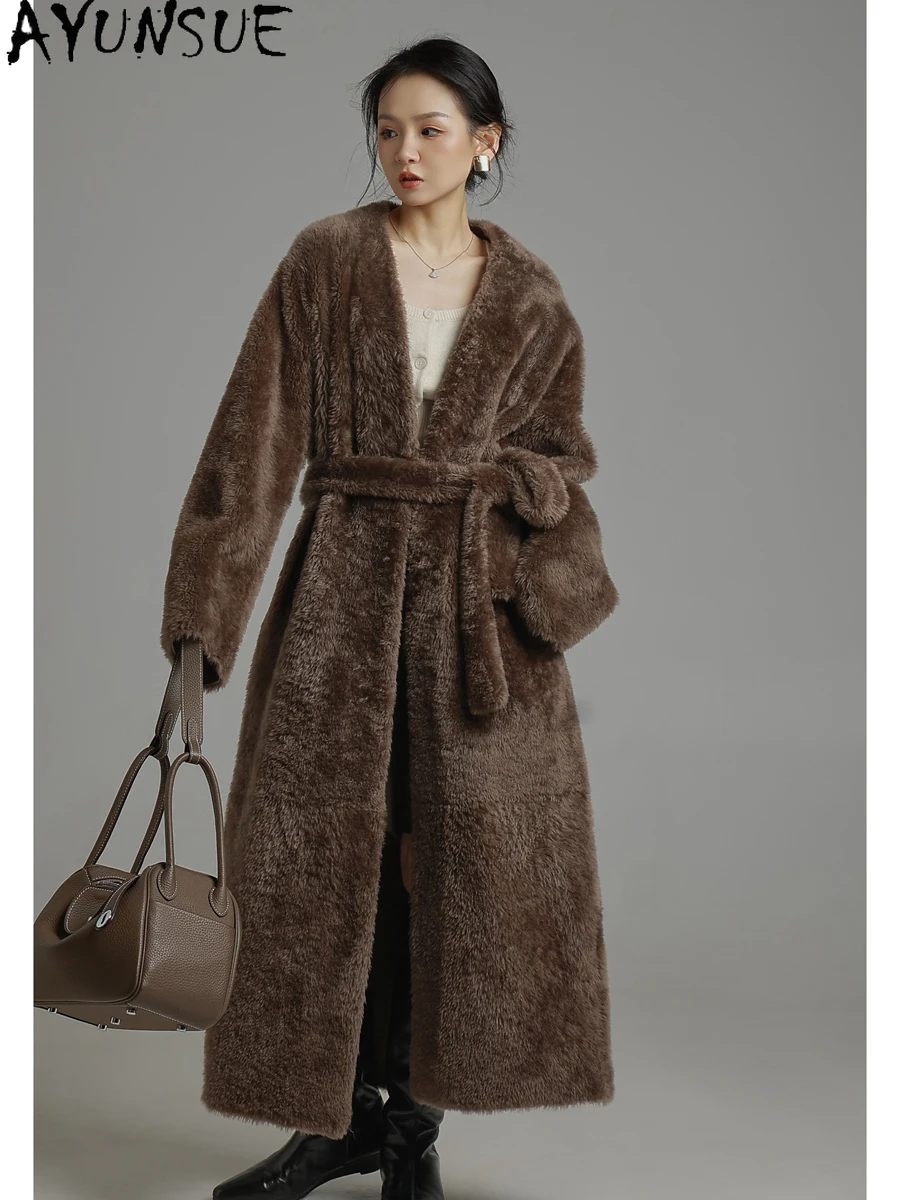 

AYUNSUE Роскошная шуба из натуральной овчины, женская куртка из натуральной кожи, зимние куртки, одежда, женская длинная до колена Шуба Женская