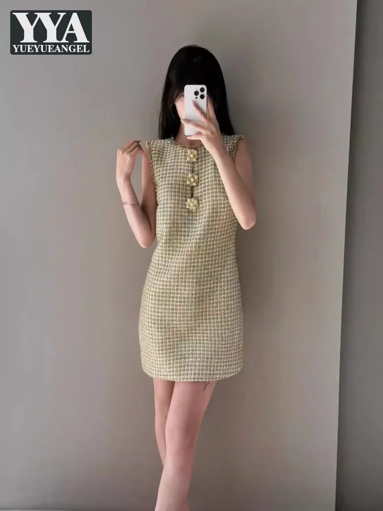

Chic Womens Elegant Weave Plaid Dresses Sleeveless Beading Diamond Shiny O-Neck Back Zip A-Line Above Knee Length Party Sundress