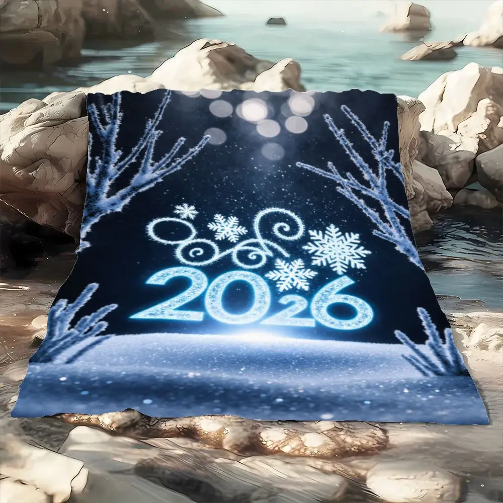 بطانية رمي الشتاء لعام 2026 - بطانية صوف مريحة مع تصميمات ندفة الثلج والدوامة، لوحة ألوان زرقاء جليدية وبيضاء، P