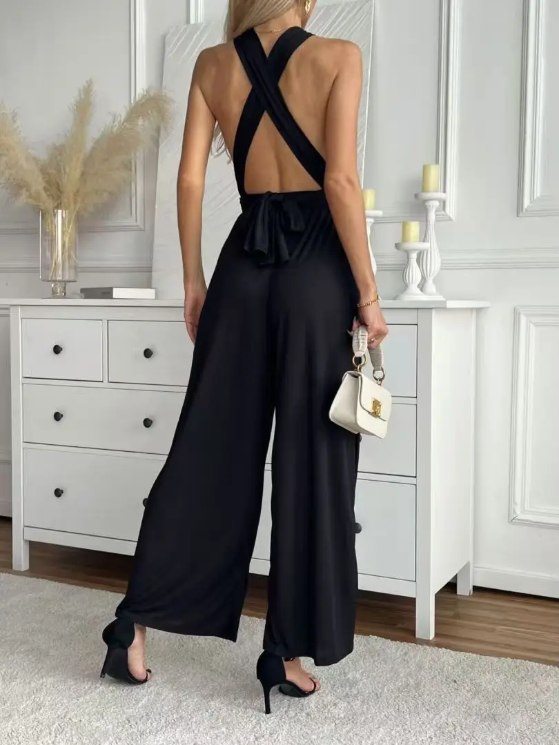 Spring and summer new women's fashion casual sexy solid color multi-wear cross-tie backless jumpsuit