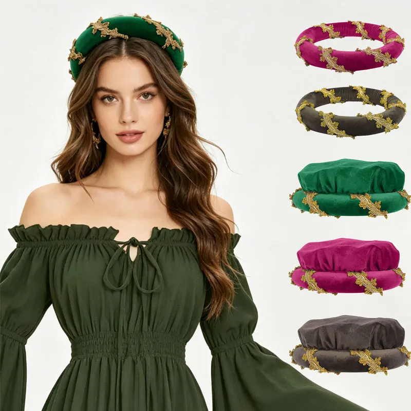 Medieval Renaissance Padded Roll Chaplets Coif Cap French Court Velvet Headwear Halloween Cosplay Stuffed Headdress Circlet