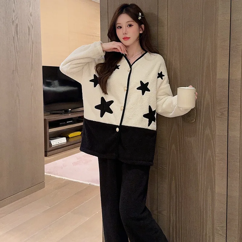 Pijamas femininos de meia pilha outono inverno engrossar doce confortável pijamas cardigan mangas compridas manter quente terno homewear