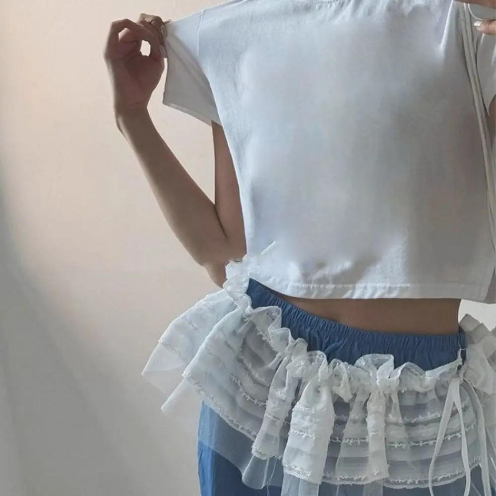 ใหม่ปักดอกไม้ลูกไม้กระโปรงมินิดูผ่าน Harajuku Lace Up Ruffles กระโปรง Y2K Streetwear ผ้าม่านกางเกงยีนส์ตกแต่ง