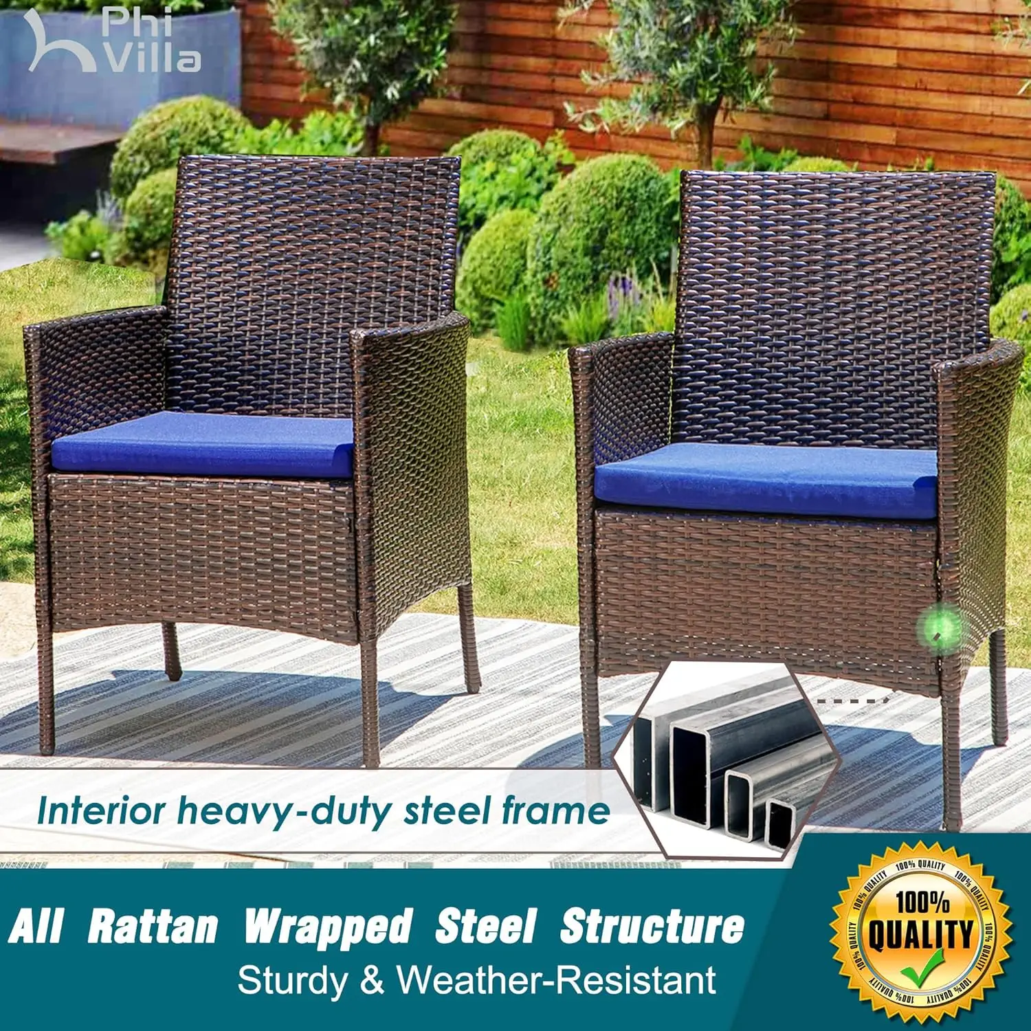 Outdoor Wicker Chairs Set, Rattan Covered Metal Armchairs with Removable Cushion, Heavy Duty Furniture Set for Patio, Deck