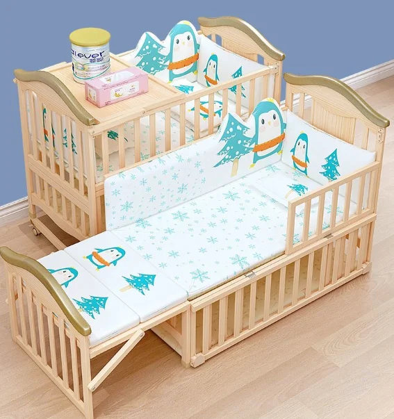 #Multifunctional Newborn Baby Cradle Bed Mobile Solid Wood Unpainted Durable For Bedroom Use
