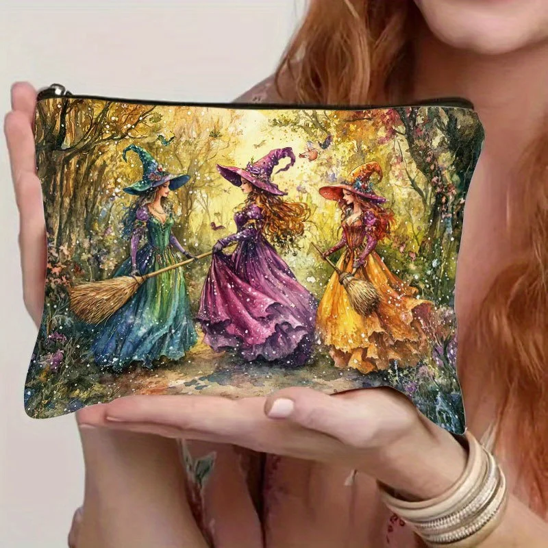 Retro Witch Resin Makeup Bag with Vibrant Autumn Forest Design, Zipper Closure Multi-Functional Travel Bag Cosmetics Storage Bag