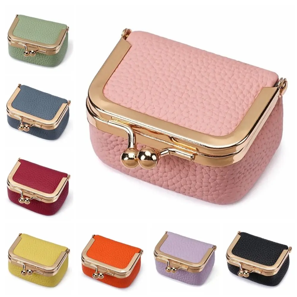 Simple Genuine Leather Kiss Lock Coin Purse Solid Color Square Leather Jewelry Bag Mini Multifunctional Small Item Bag Earphone