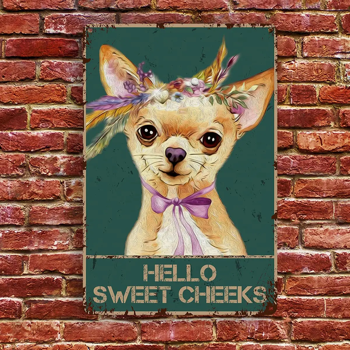 Vintage Hello Sweet Cheeks Chihuahua Dog Foral Tin Sign for Toilet Bathroom Washroom Decor - Best Farmhouse Decor Gift