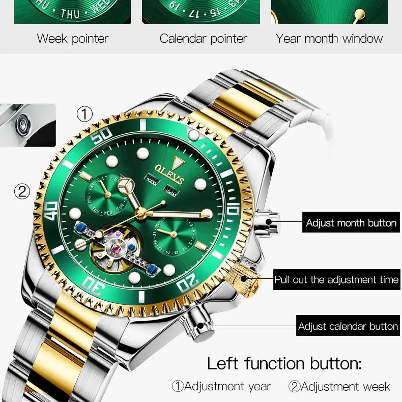 OLEVS Original Automatic Watch for Men Date Week Skeleton Hollow out Stainless Steel Waterproof Sports Men Wristwatch TOP Brand