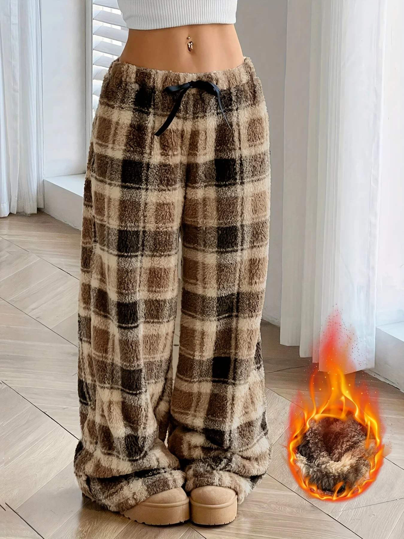 

Cozy Plaid Sleep Pants, Warm Brown Check, Soft & Elegant Wide-Leg for Home. Plus Size. Fall Winter Essential.