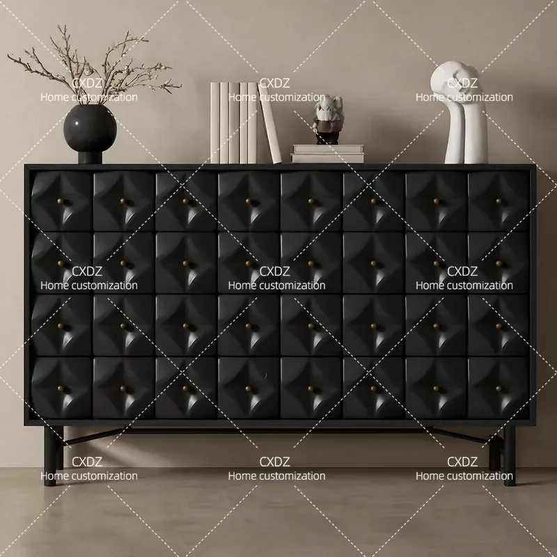 Black Paint Dining Side Cabinet Solid Wood Rattan Simple Modern Storage Cabinet for Living Room Entrance and TV Area Complete
