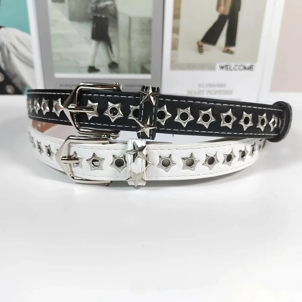 نجمة الثقوب Y2K ستار أحزمة وسط مشبك معدني بولي Leather جلد المرأة حزام البنطال الجينز الفاخرة الشرير الزخرفية الفتيات برشام زنار