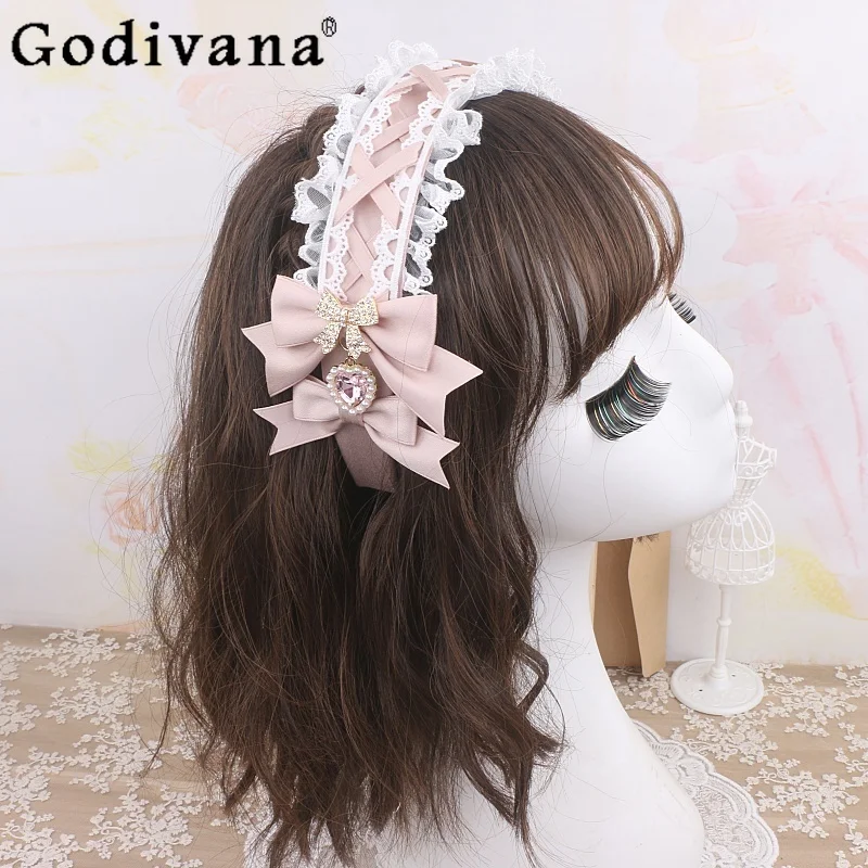 

Original Handmade Heavy Industry Lolita Headband Japanese Sweet Girl Mine Mass-Production Bow Rhinestone Love Pendant Lace KC