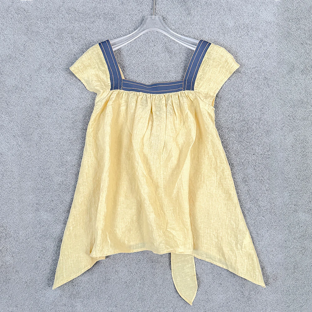Women Linen Cotton Blend Square Neck Cap Sleeve Blouse Contrast Strap Back Tie Bow Irregular Hem Loose Casual Summer Top