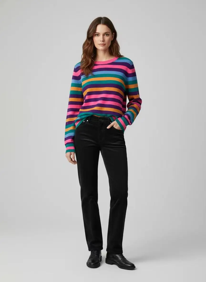 Fenggejiwo Women's Casual rainbow Striped Sweater Knitted Striped Round Neck Sweater