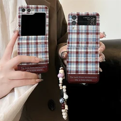 Korean Plaid Pattern Phone Case For Samsung Z Flip 6 5 4 3 Cover with Chain Silicone Cute Cases For Galaxy Z Flip5 Flip4 5G Capa