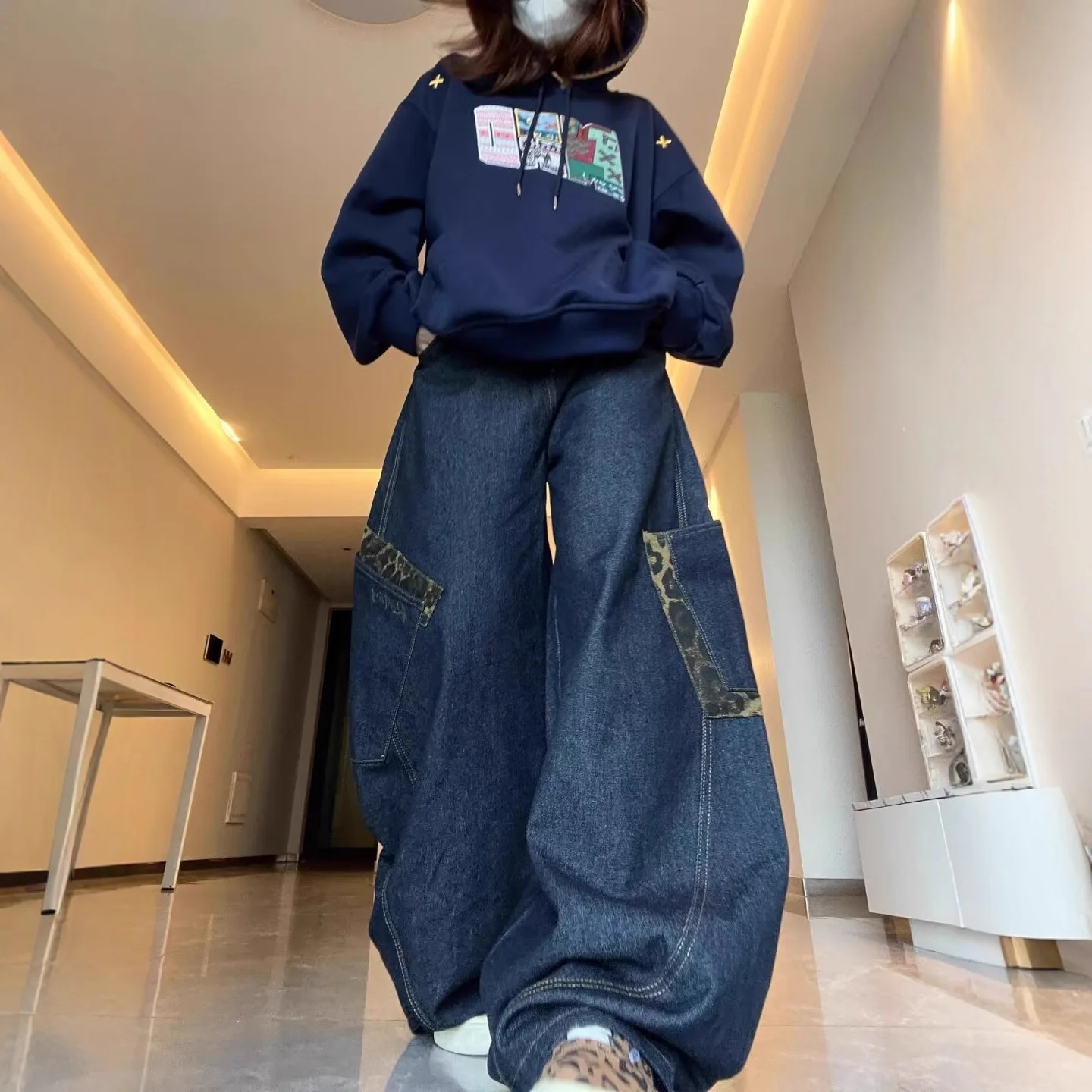 

Women's Retro American Leopard Print Patchwork Wide Leg Jeans High Waist Loose Fit Casual Pants Autumn Street Style