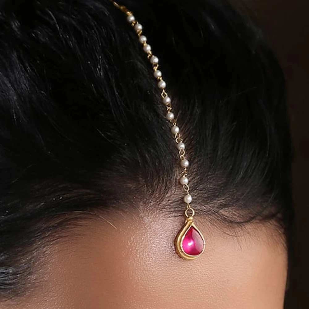 Pink Water Drop Forehead Chain Headband Bridal Hair Accessories Elegant Women Boho Round Pearl Head Chain Wedding Jewelry Gift