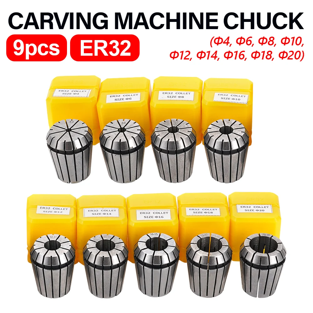 ER32 9Pcs Spring Collet Chuck Kit 4‑20mm High Clamping Force Alloy Steel For CNC Lathe Milling Drilling Engraving Spindle Holder
