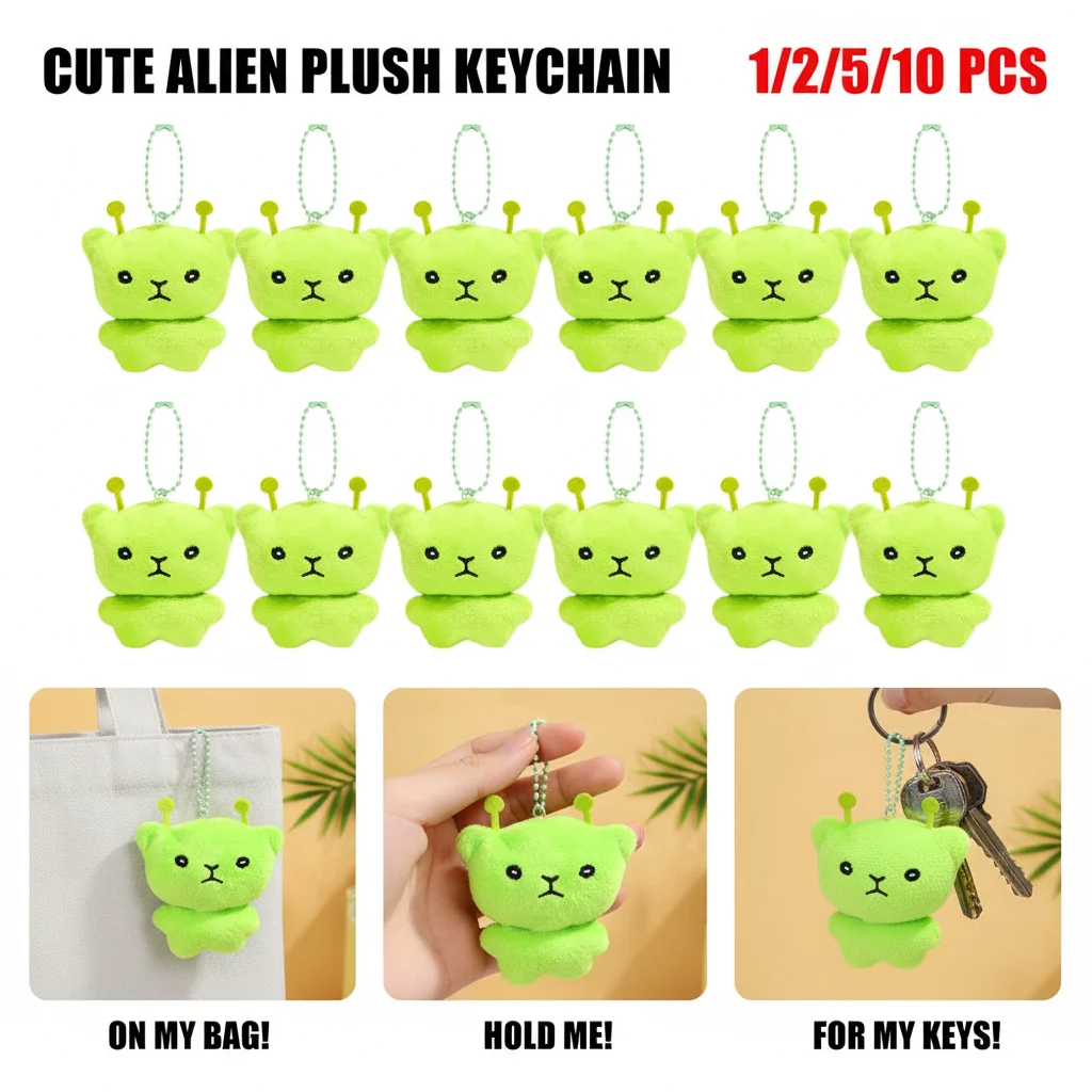 Green Alien Cat Plush Keychains Mini Galaxy Style Furry Pendant for Couples Cute Cartoon Handbag Backpacks Key Chain Decor Gifts