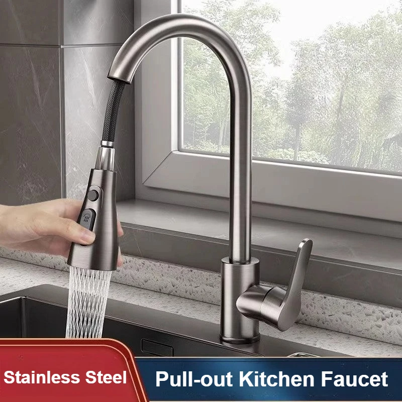 

Выдвижной кухонный смеситель, кран для холодной и горячей воды, брызгозащищенный, нержавеющая сталь 304, смесители для раковины с одной ручкой, вращающиеся и выдвижные