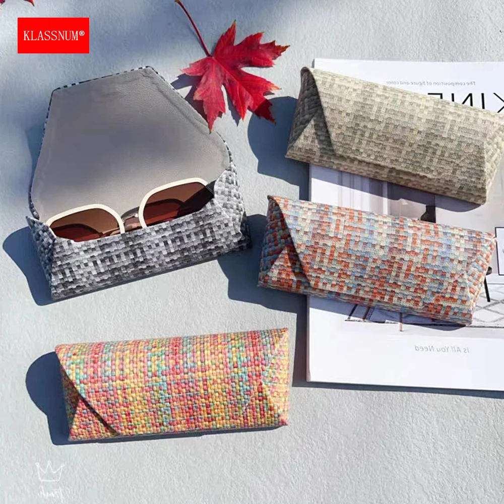 KLASSNUM Hard PU Leather Eyeglass Case Weaving texture design Retro Myopia Reading Glasses Protective Holder Rigid Glasses Cover