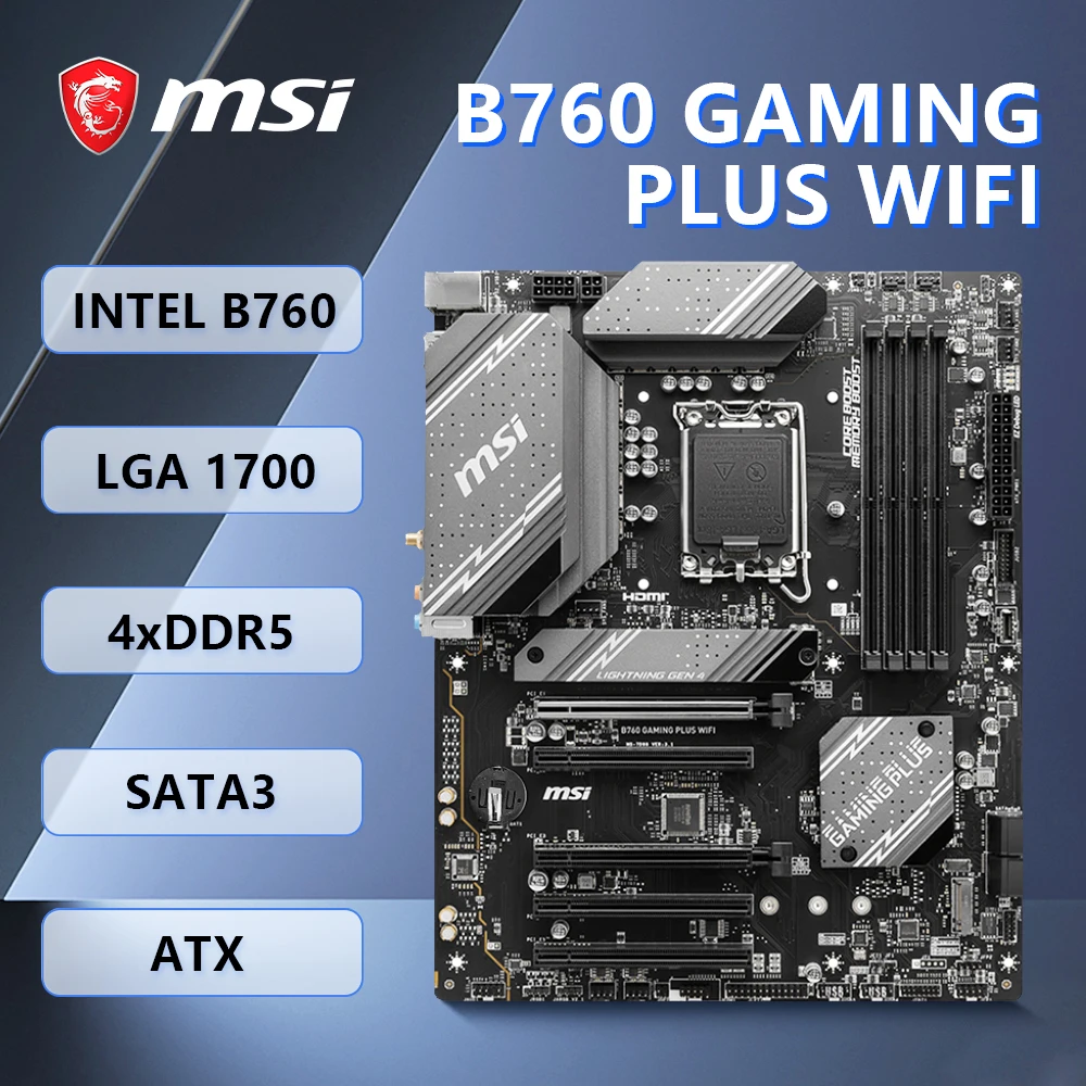 MSI B760 GAMING PLUS WIFI Motherboard Support LGA1700 i9-12900KS i7-12700F i5-12500 CPU, INTEL B760 chipset, 4xDDR5, 2xM.2, ATX.