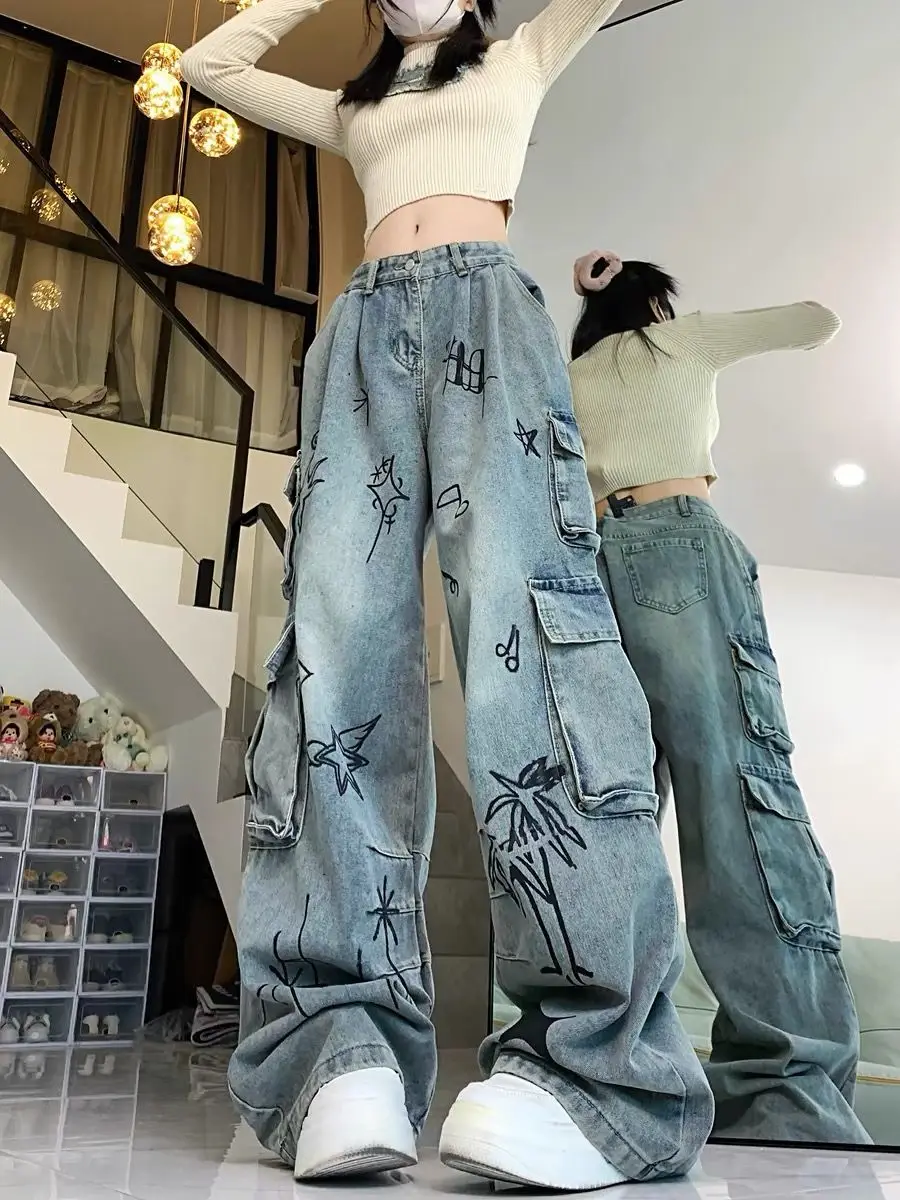 American retro multi pocket personalized graffiti workwear jeans for men and women street hiphop straight leg loose casual pants