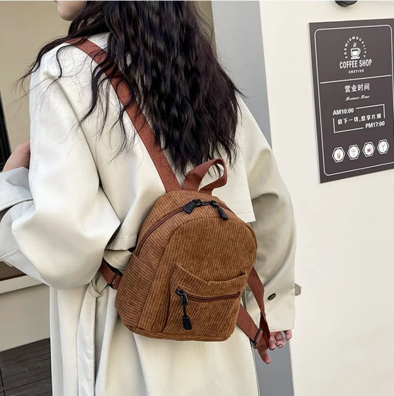 Corduroy Solid Color Small Back Bag for Women Personalized New Fashion Travel Commuter Simple Casual Backpack