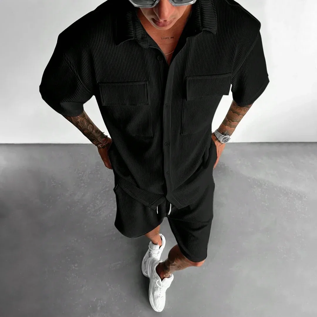 

2025 Summer New Men Outdoor Leisure Solid Color Comfortable Corduroy Collar Button Shirt Set Fashion Trend Beach Vacation Set