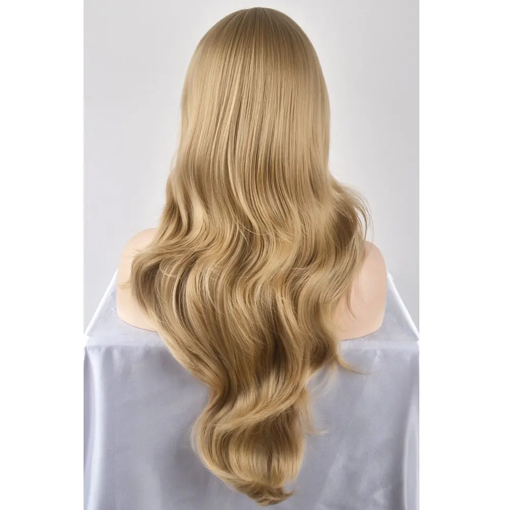 Peluca rubia larga ondulada con flequillo para mujer, peluca sintética rubia dorada
