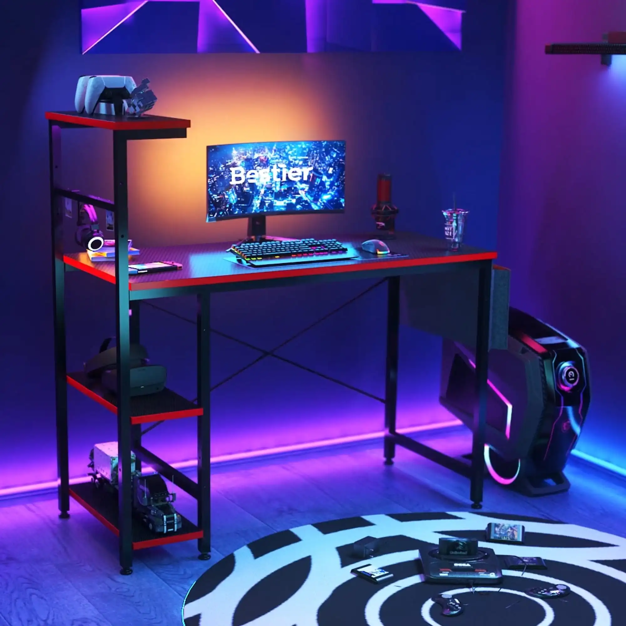 Computer Gaming PC Desk 44 inch Gamer Table with LED Lights, Reversible 4 Tier Storage Shelves Carbon Fiber