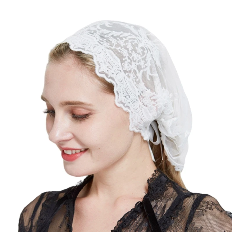 652F Woman Mantilla Veil Lace Trim Shawl for Mother Nun Wedding Party Headwear