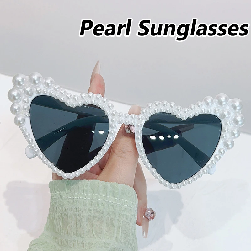 Diamond Pearl Heart Shape Ladies Sunglasses Wedding Party Sun Glasses Women Big Frame Cute White Black Shades Fashion Eyewear